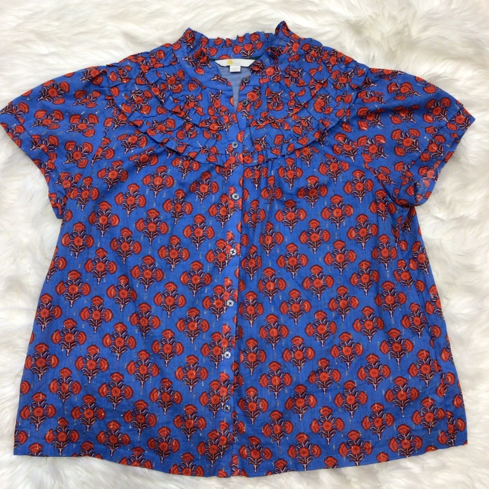 Boden Cotton Floral Short Sleeve Button-Up with Ruffle Detail Blue Red Button 10